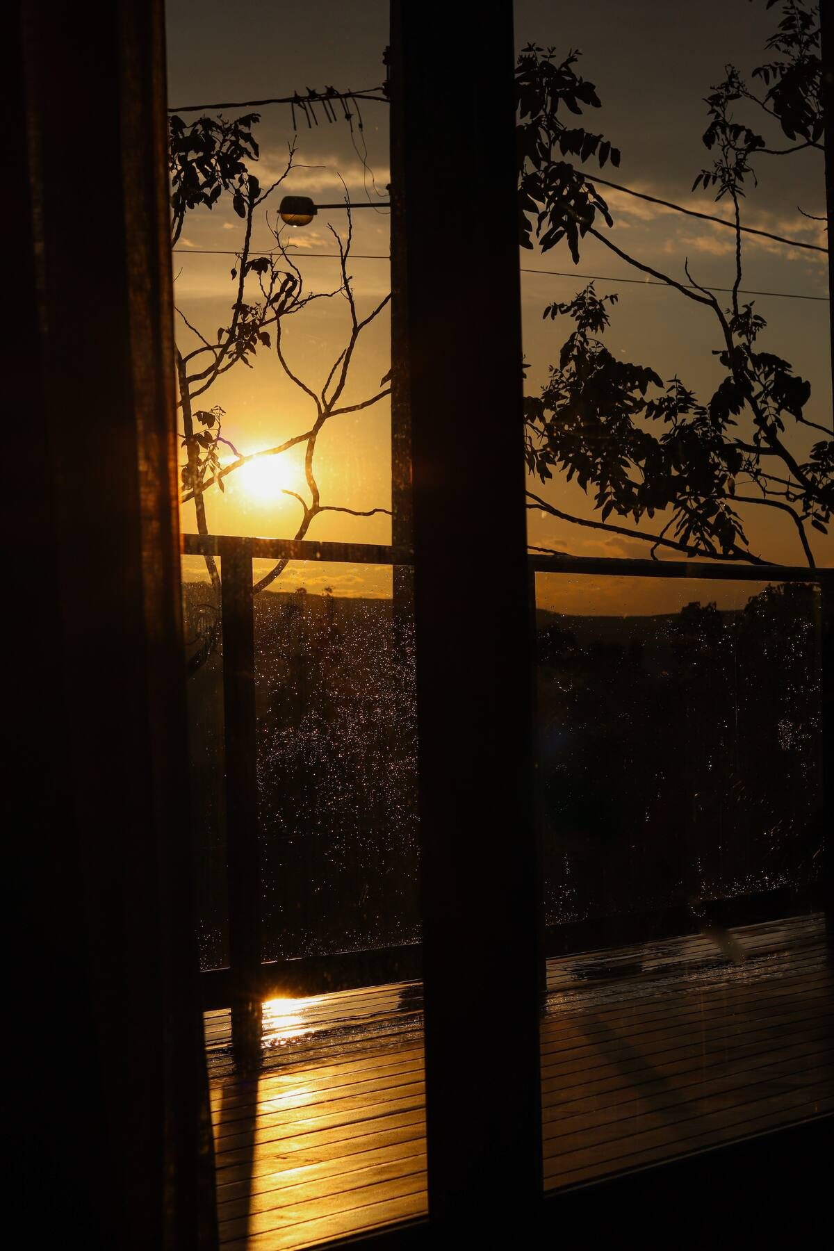 Sol se pondo atrás da árvore, visto pela porta de vidro da Casa Jade, com a luz dourada refletida no deck de madeira